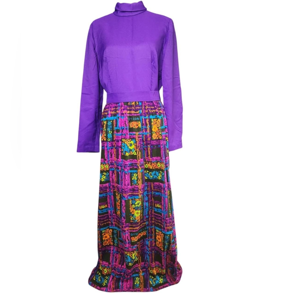 Vintage 70s Handmade Maxi Dress Psychedelic Floral Knit Mock Neck Dopamine